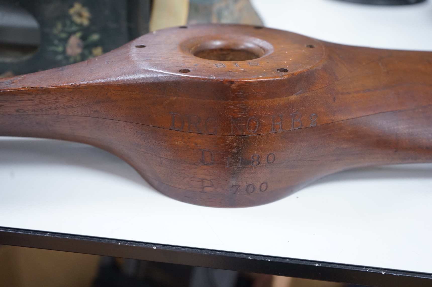 A small wooden German aeroplane propeller, with impressed numbers, 118cm in length